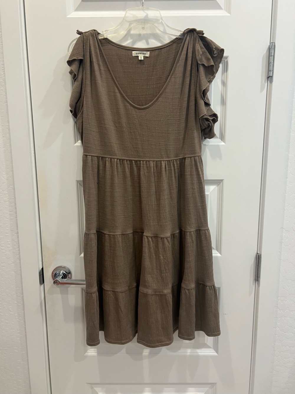 Max Studio Taupe Tiered Midi Dress with Ruffle Sleeves